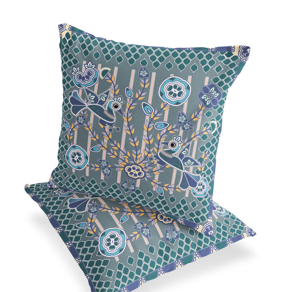 Homeroots Set Of Two 16" X 16" Blue And Gray Peacock Blown Seam Floral Indoor Outdoor Throw Pillow  Polyester 535720