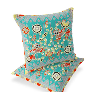 Homeroots Set Of Two 16" X 16" Blue And Yellow Peacock Blown Seam Floral Indoor Outdoor Throw Pillow  Polyester 535721