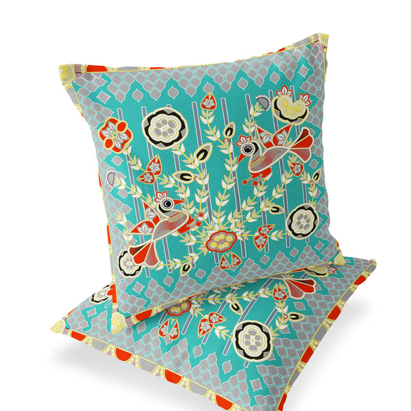 Homeroots Set Of Two 16" X 16" Blue And Yellow Peacock Blown Seam Floral Indoor Outdoor Throw Pillow  Polyester 535721