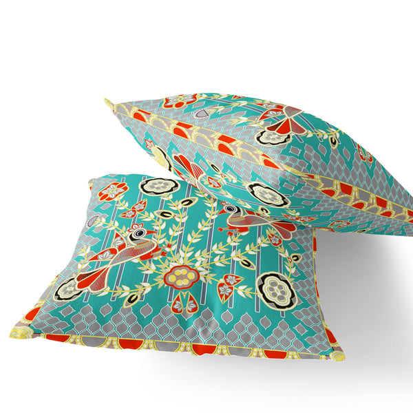 Homeroots Set Of Two 16" X 16" Blue And Yellow Peacock Blown Seam Floral Indoor Outdoor Throw Pillow  Polyester 535721