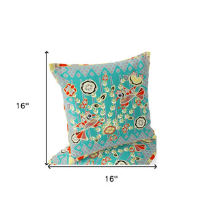 Homeroots Set Of Two 16" X 16" Blue And Yellow Peacock Blown Seam Floral Indoor Outdoor Throw Pillow  Polyester 535721