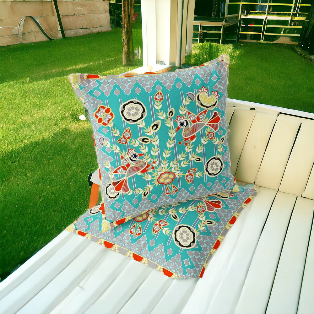 Homeroots Set Of Two 16" X 16" Blue And Yellow Peacock Blown Seam Floral Indoor Outdoor Throw Pillow  Polyester 535721