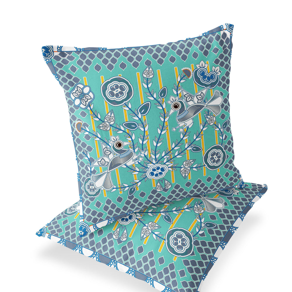 Homeroots Set Of Two 16" X 16" Blue And White Peacock Blown Seam Floral Indoor Outdoor Throw Pillow  Polyester 535722