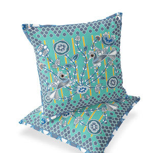 Homeroots Set Of Two 16" X 16" Blue And White Peacock Blown Seam Floral Indoor Outdoor Throw Pillow  Polyester 535722