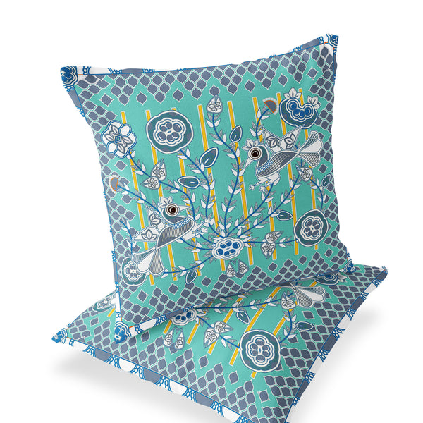 Homeroots Set Of Two 16" X 16" Blue And White Peacock Blown Seam Floral Indoor Outdoor Throw Pillow  Polyester 535722