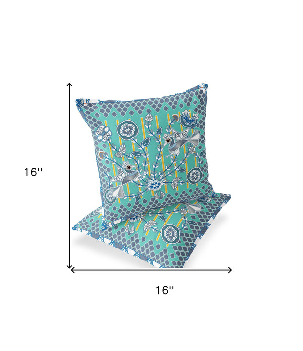 Homeroots Set Of Two 16" X 16" Blue And White Peacock Blown Seam Floral Indoor Outdoor Throw Pillow  Polyester 535722