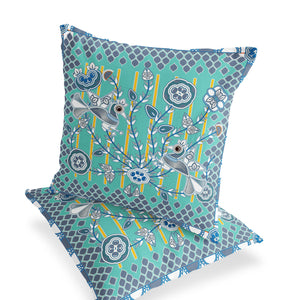 Homeroots Set Of Two 16" X 16" Blue And White Peacock Blown Seam Floral Indoor Outdoor Throw Pillow  Polyester 535722