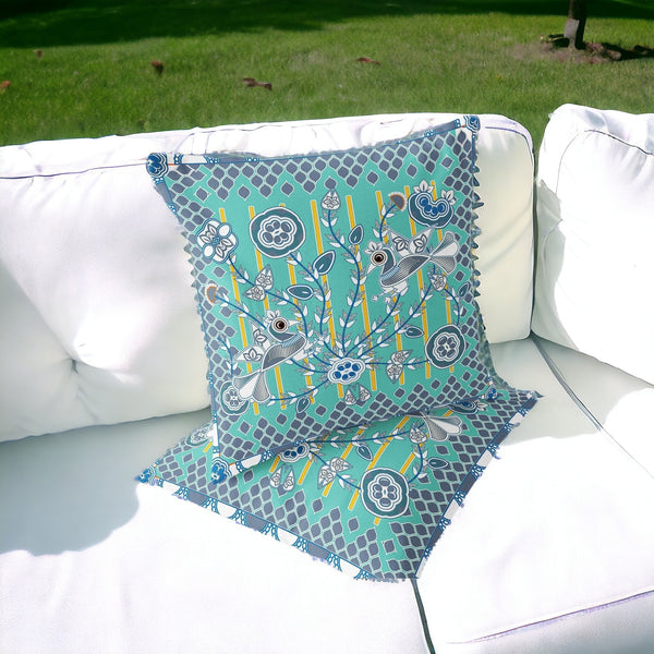 Homeroots Set Of Two 16" X 16" Blue And White Peacock Blown Seam Floral Indoor Outdoor Throw Pillow  Polyester 535722