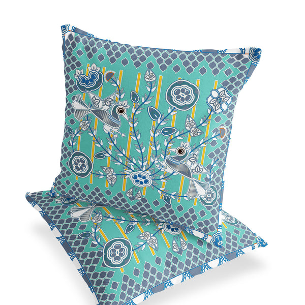 Homeroots Set Of Two 16" X 16" Blue And White Peacock Blown Seam Floral Indoor Outdoor Throw Pillow  Polyester 535722