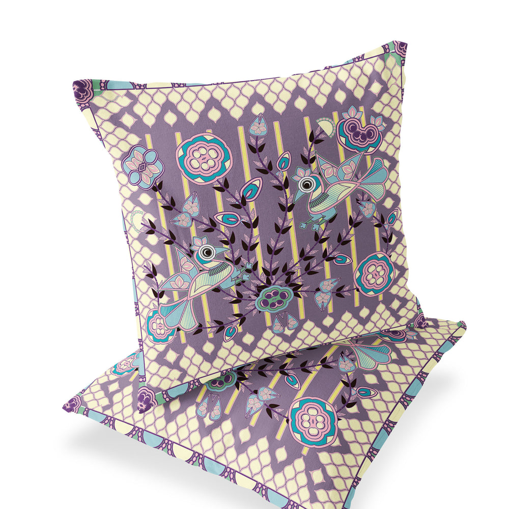Homeroots Set Of Two 16" X 16" Blue And Purple Peacock Blown Seam Floral Indoor Outdoor Throw Pillow  Polyester 535723