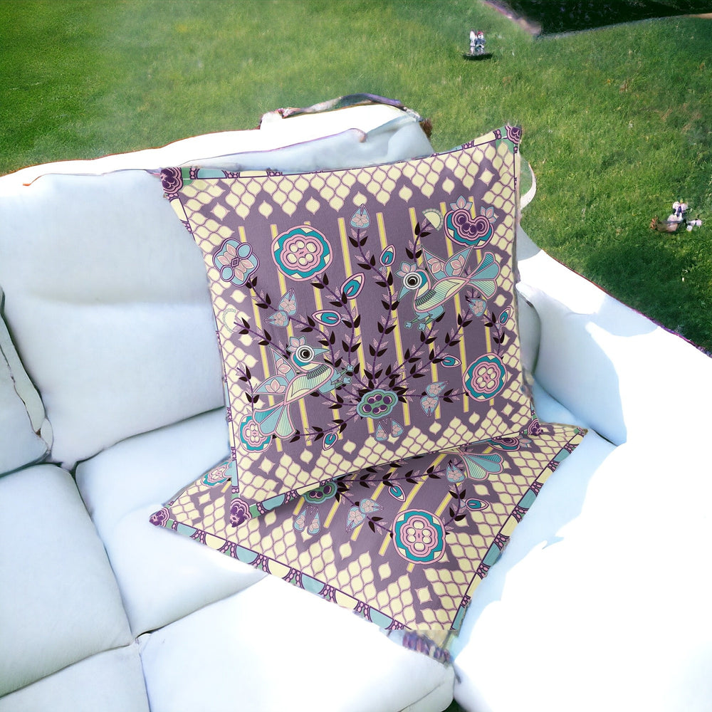 Homeroots Set Of Two 16" X 16" Blue And Purple Peacock Blown Seam Floral Indoor Outdoor Throw Pillow  Polyester 535723