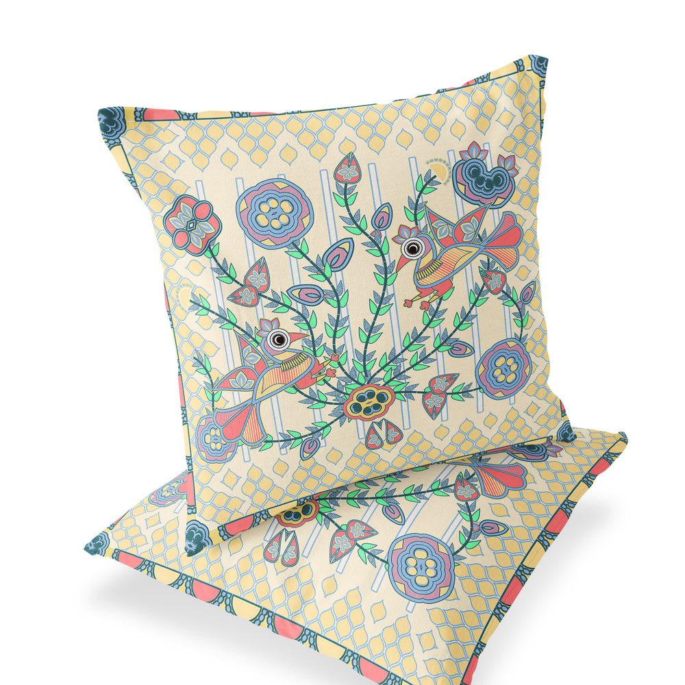 Homeroots Set Of Two 16" X 16" Blue And Yellow Peacock Blown Seam Floral Indoor Outdoor Throw Pillow  Polyester 535724