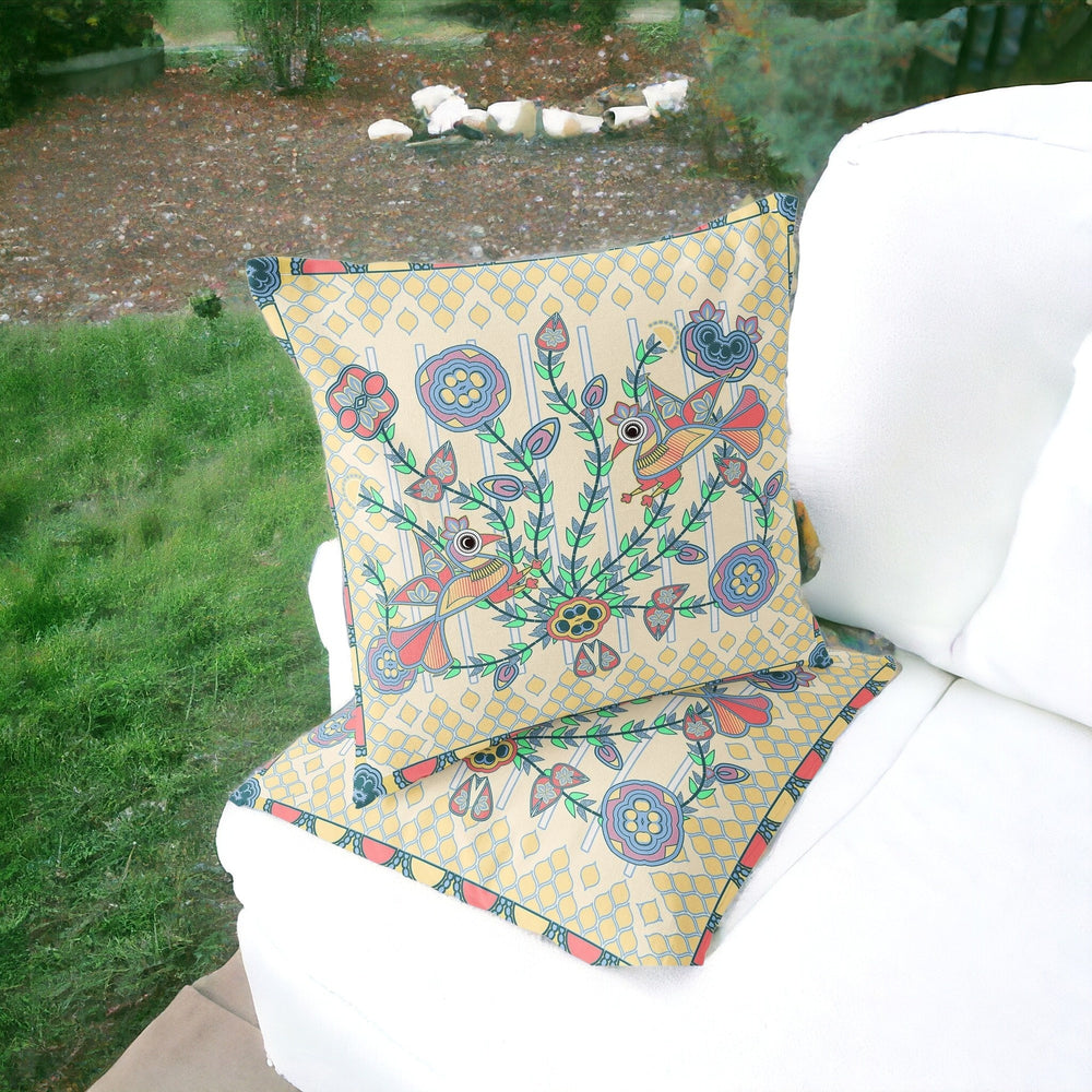 Homeroots Set Of Two 16" X 16" Blue And Yellow Peacock Blown Seam Floral Indoor Outdoor Throw Pillow  Polyester 535724