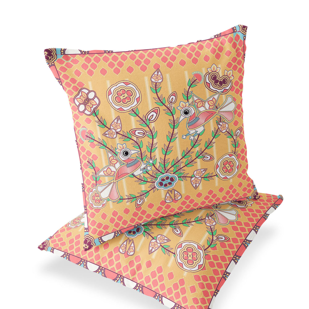 Homeroots Set Of Two 16" X 16" Yellow And Peach Peacock Blown Seam Floral Indoor Outdoor Throw Pillow  Polyester 535725