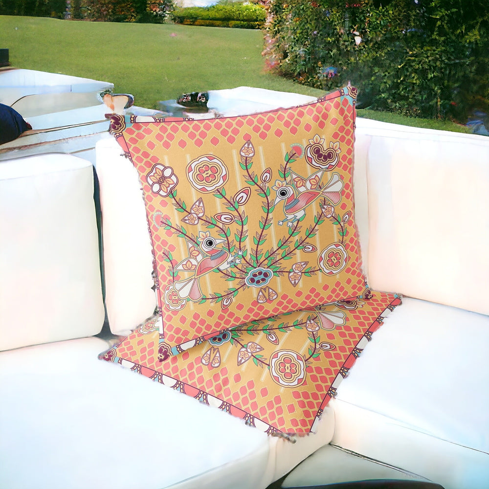 Homeroots Set Of Two 16" X 16" Yellow And Peach Peacock Blown Seam Floral Indoor Outdoor Throw Pillow  Polyester 535725