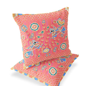 Homeroots Set Of Two 16" X 16" Blue And Pink Peacock Blown Seam Floral Indoor Outdoor Throw Pillow  Polyester 535727