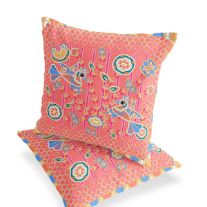 Homeroots Set Of Two 16" X 16" Blue And Pink Peacock Blown Seam Floral Indoor Outdoor Throw Pillow  Polyester 535727
