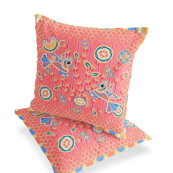 Homeroots Set Of Two 16" X 16" Blue And Pink Peacock Blown Seam Floral Indoor Outdoor Throw Pillow  Polyester 535727
