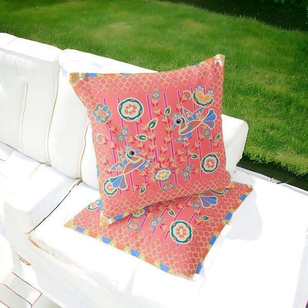 Homeroots Set Of Two 16" X 16" Blue And Pink Peacock Blown Seam Floral Indoor Outdoor Throw Pillow  Polyester 535727