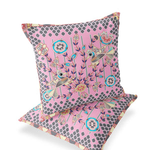 Homeroots Set Of Two 16" X 16" Gray And Pink Peacock Blown Seam Floral Indoor Outdoor Throw Pillow  Polyester 535728