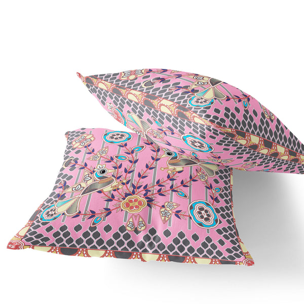 Homeroots Set Of Two 16" X 16" Gray And Pink Peacock Blown Seam Floral Indoor Outdoor Throw Pillow  Polyester 535728