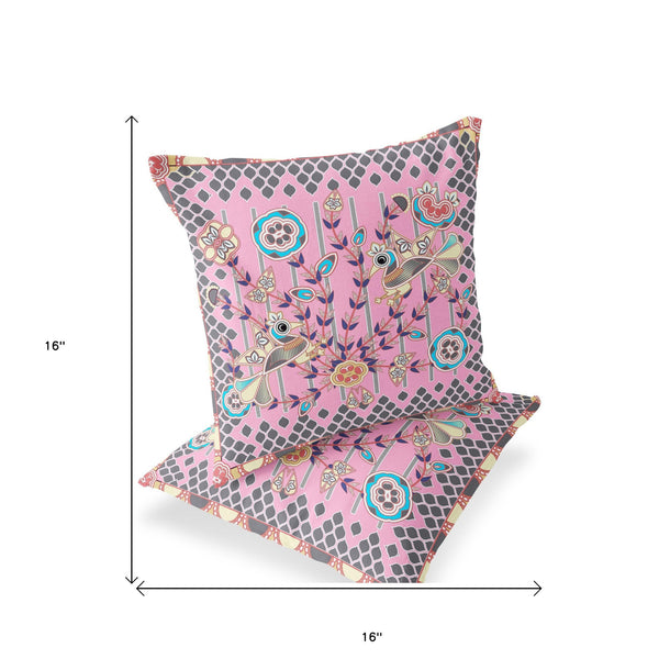 Homeroots Set Of Two 16" X 16" Gray And Pink Peacock Blown Seam Floral Indoor Outdoor Throw Pillow  Polyester 535728