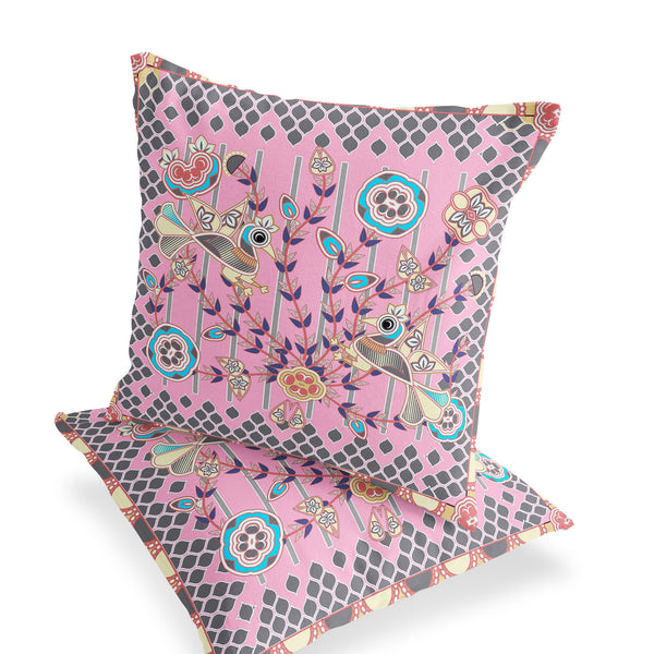 Homeroots Set Of Two 16" X 16" Gray And Pink Peacock Blown Seam Floral Indoor Outdoor Throw Pillow  Polyester 535728