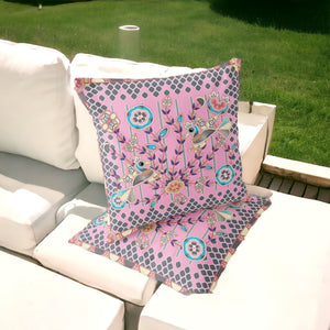 Homeroots Set Of Two 16" X 16" Gray And Pink Peacock Blown Seam Floral Indoor Outdoor Throw Pillow  Polyester 535728