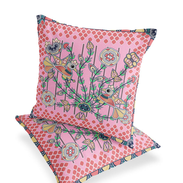 Homeroots Set Of Two 16" X 16" Yellow And Peach Peacock Blown Seam Floral Indoor Outdoor Throw Pillow  Polyester 535729