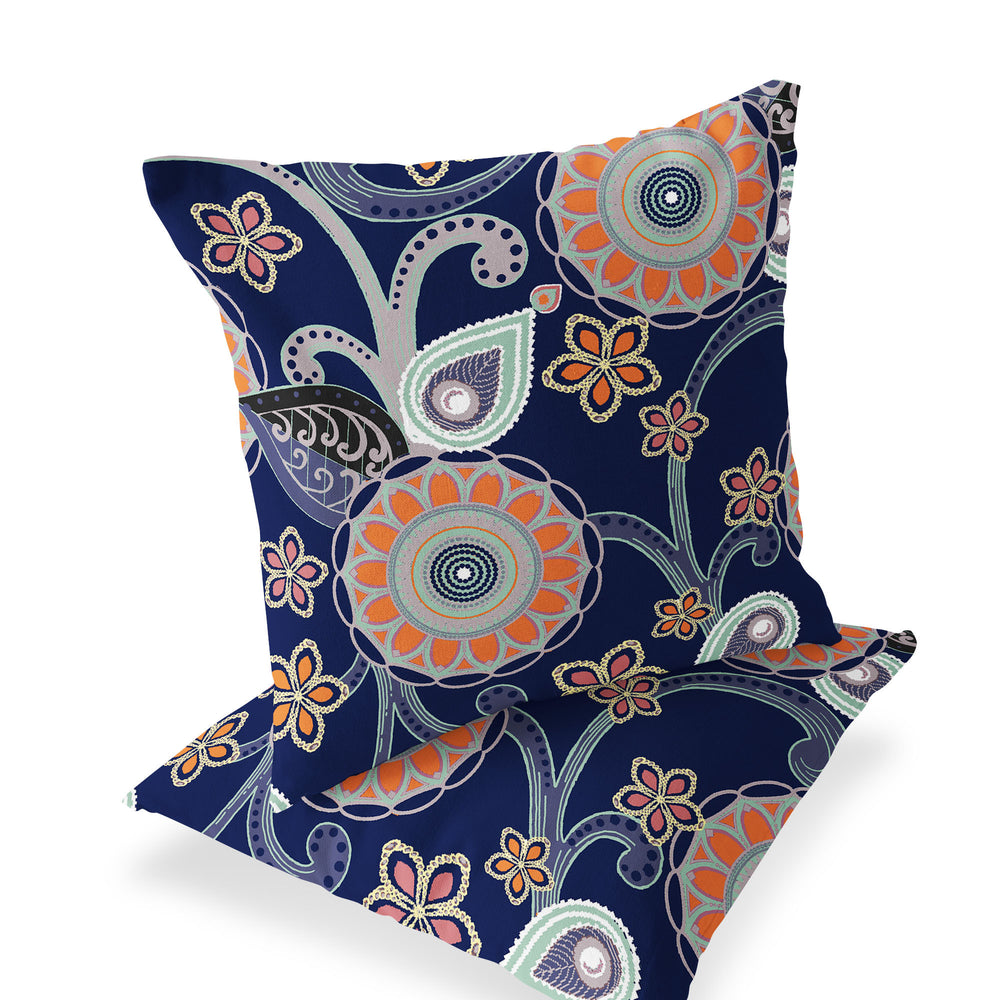 Homeroots Set Of Two 16" X 16" Blue And Orange Blown Seam Floral Indoor Outdoor Throw Pillow  Polyester 535730