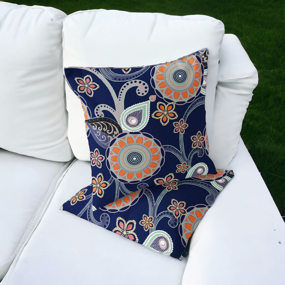 Homeroots Set Of Two 16" X 16" Blue And Orange Blown Seam Floral Indoor Outdoor Throw Pillow  Polyester 535730