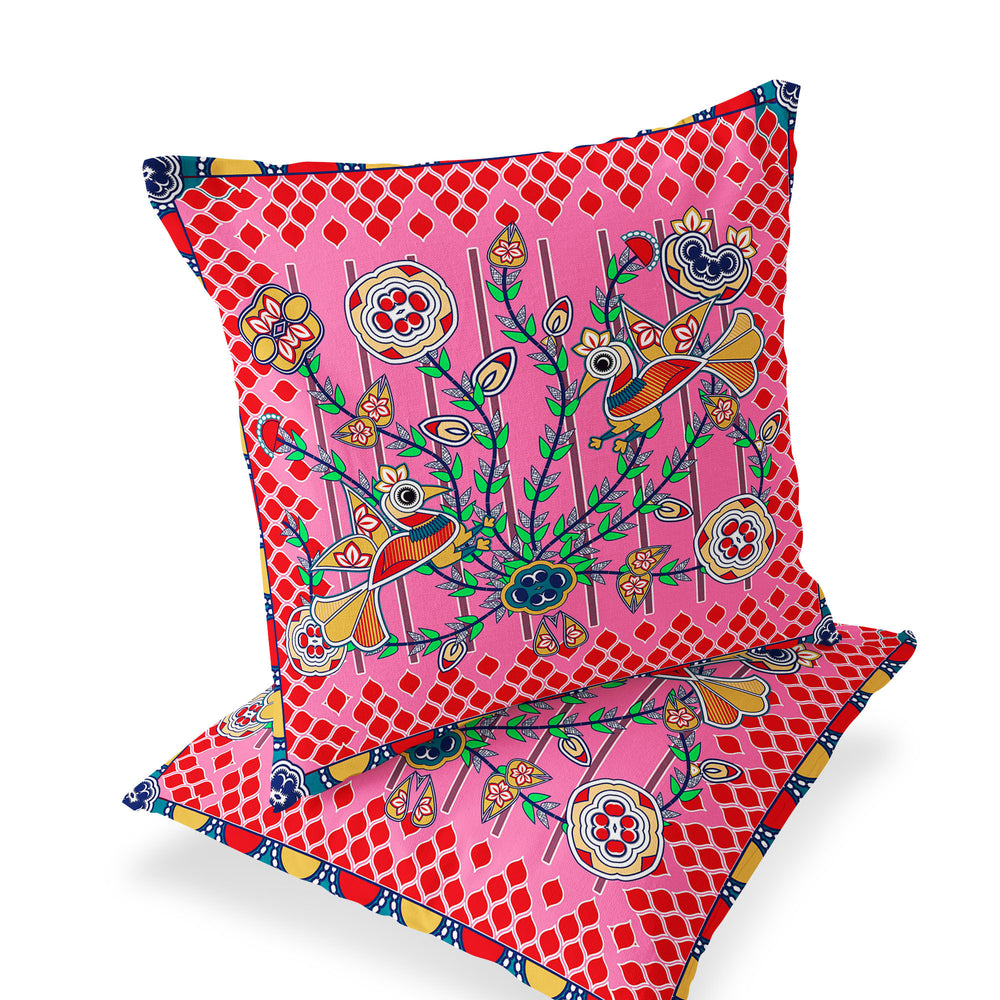 Homeroots Set Of Two 16" X 16" Red And Pink Peacock Blown Seam Floral Indoor Outdoor Throw Pillow  Polyester 535731