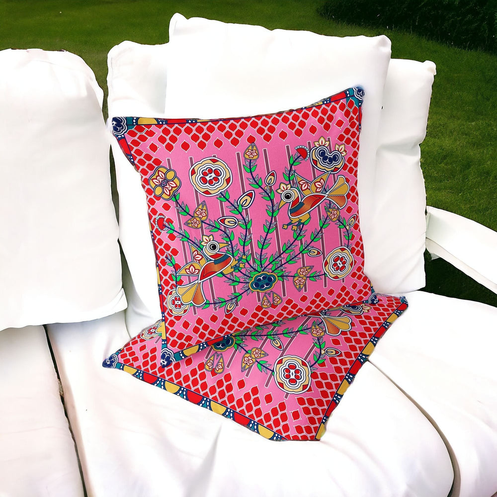Homeroots Set Of Two 16" X 16" Red And Pink Peacock Blown Seam Floral Indoor Outdoor Throw Pillow  Polyester 535731