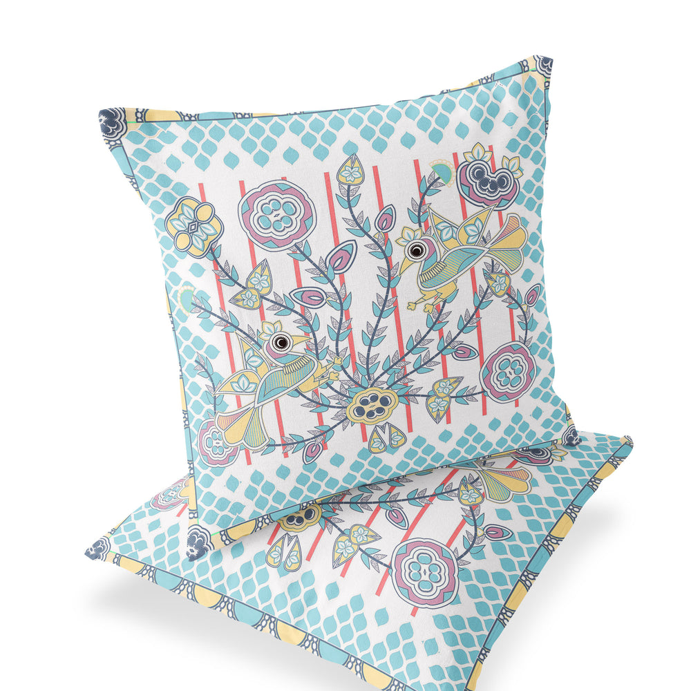 Homeroots Set Of Two 16" X 16" Blue And White Peacock Blown Seam Floral Indoor Outdoor Throw Pillow  Polyester 535734