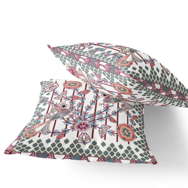 Homeroots Set Of Two 16" X 16" Red And White Peacock Blown Seam Floral Indoor Outdoor Throw Pillow  Polyester 535735