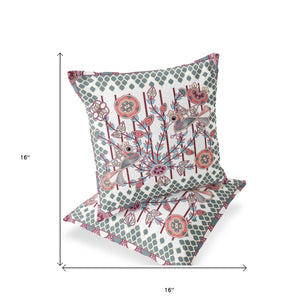 Homeroots Set Of Two 16" X 16" Red And White Peacock Blown Seam Floral Indoor Outdoor Throw Pillow  Polyester 535735