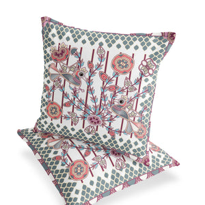 Homeroots Set Of Two 16" X 16" Red And White Peacock Blown Seam Floral Indoor Outdoor Throw Pillow  Polyester 535735