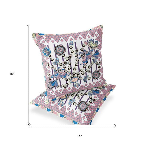 Homeroots Set Of Two 16" X 16" Pink And White Peacock Blown Seam Floral Indoor Outdoor Throw Pillow  Polyester 535736