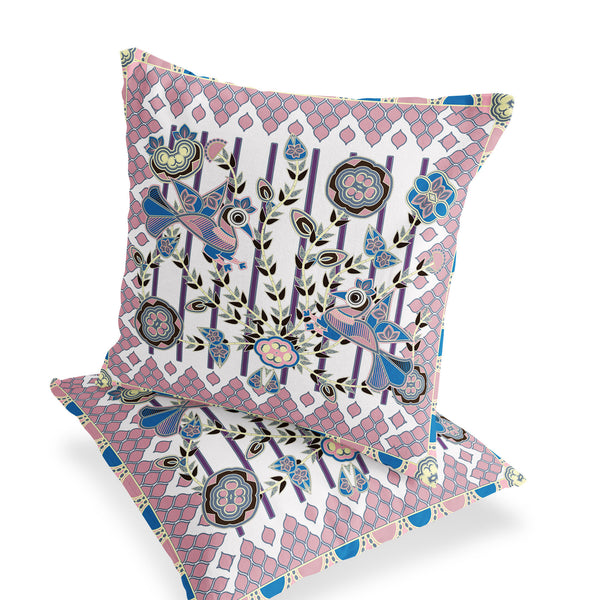 Homeroots Set Of Two 16" X 16" Pink And White Peacock Blown Seam Floral Indoor Outdoor Throw Pillow  Polyester 535736