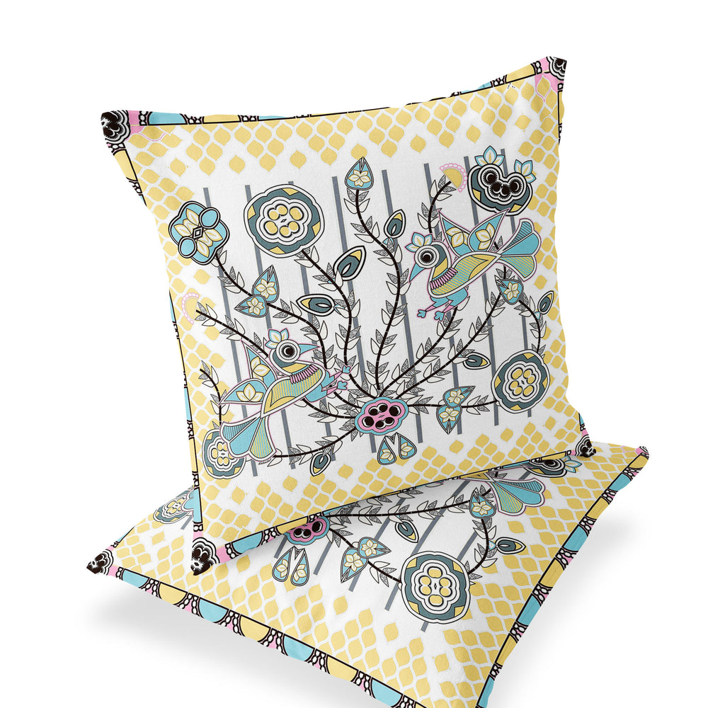 Homeroots Set Of Two 16" X 16" Yellow And White Peacock Blown Seam Floral Indoor Outdoor Throw Pillow  Polyester 535737