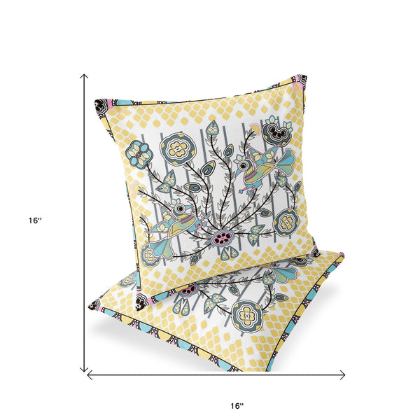 Homeroots Set Of Two 16" X 16" Yellow And White Peacock Blown Seam Floral Indoor Outdoor Throw Pillow  Polyester 535737