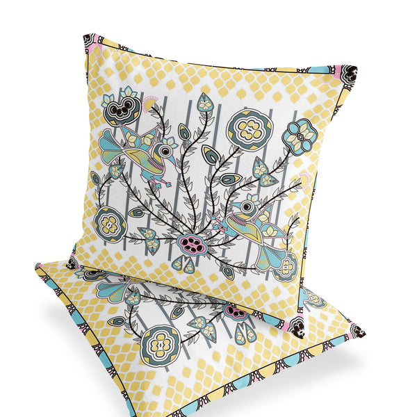 Homeroots Set Of Two 16" X 16" Yellow And White Peacock Blown Seam Floral Indoor Outdoor Throw Pillow  Polyester 535737