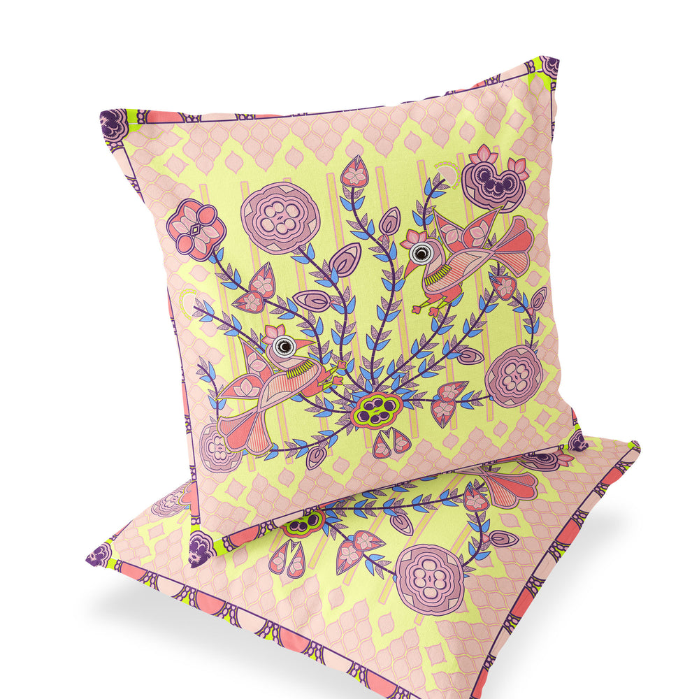 Homeroots Set Of Two 16" X 16" Yellow And Peach Peacock Blown Seam Floral Indoor Outdoor Throw Pillow  Polyester 535738