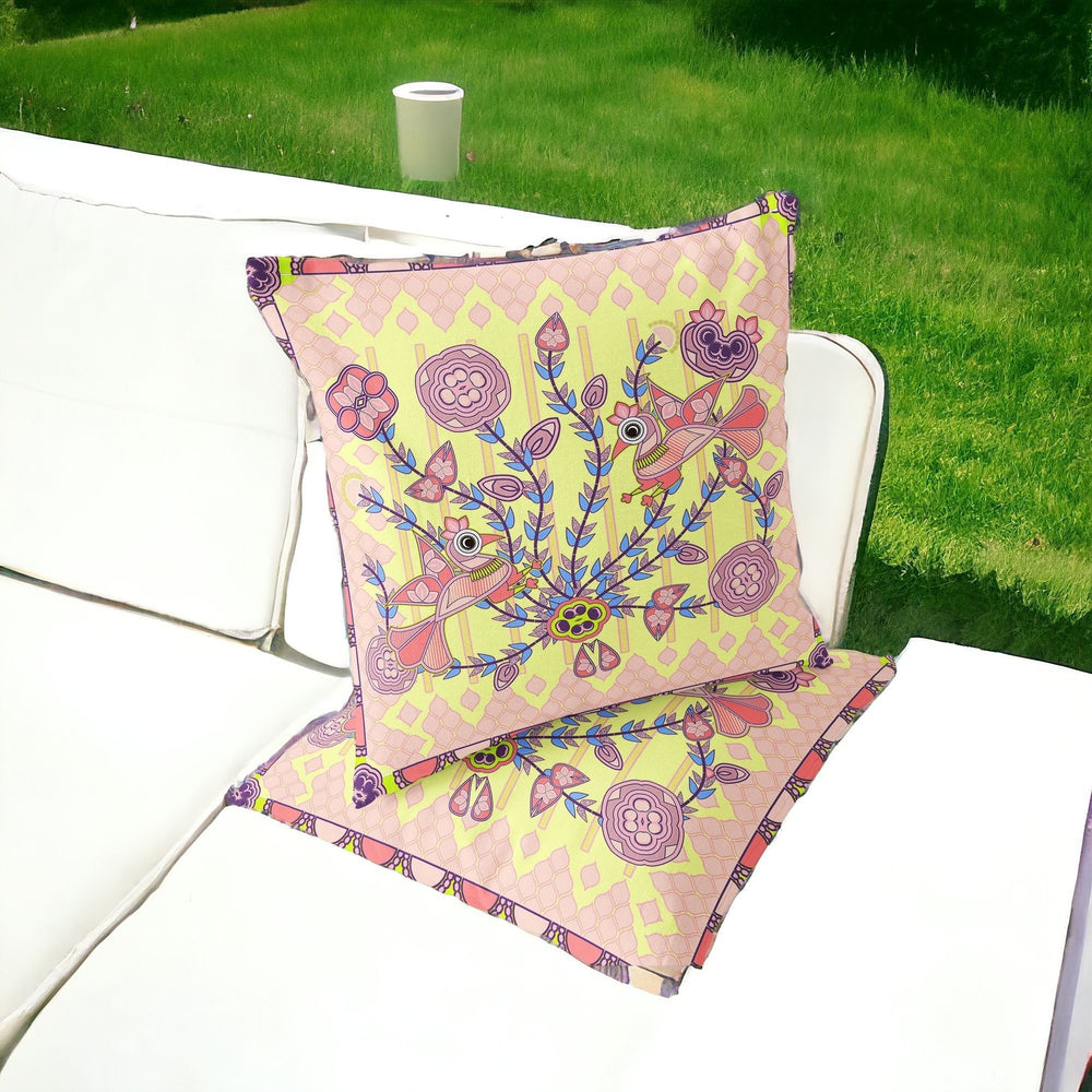 Homeroots Set Of Two 16" X 16" Yellow And Peach Peacock Blown Seam Floral Indoor Outdoor Throw Pillow  Polyester 535738