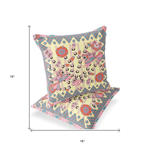 Homeroots Set Of Two 16" X 16" Gray And Yellow Peacock Blown Seam Floral Indoor Outdoor Throw Pillow  Polyester 535739