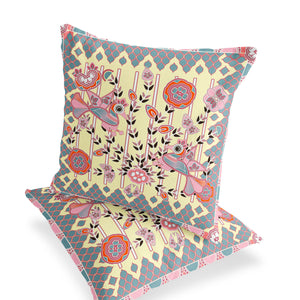 Homeroots Set Of Two 16" X 16" Gray And Yellow Peacock Blown Seam Floral Indoor Outdoor Throw Pillow  Polyester 535739