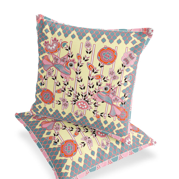 Homeroots Set Of Two 16" X 16" Gray And Yellow Peacock Blown Seam Floral Indoor Outdoor Throw Pillow  Polyester 535739