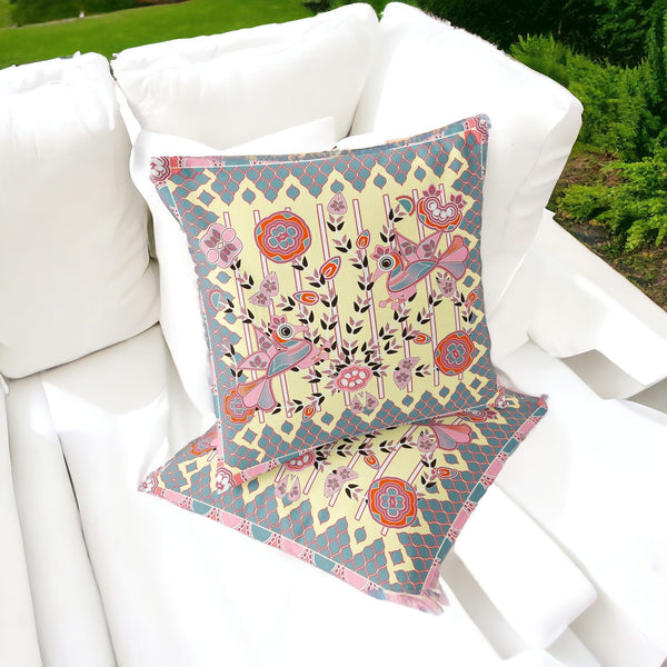 Homeroots Set Of Two 16" X 16" Gray And Yellow Peacock Blown Seam Floral Indoor Outdoor Throw Pillow  Polyester 535739