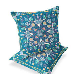 Homeroots Set Of Two 16" X 16" Blue And Yellow Blown Seam Paisley Indoor Outdoor Throw Pillow  Polyester 535740