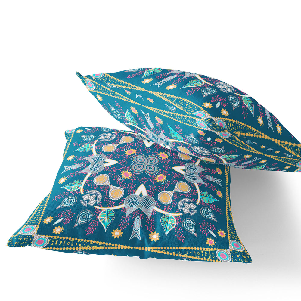 Homeroots Set Of Two 16" X 16" Blue And Yellow Blown Seam Paisley Indoor Outdoor Throw Pillow  Polyester 535740